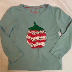 Mini Boden Blue and Red Long Sleeve Tee with Ruffled Strawberry Design